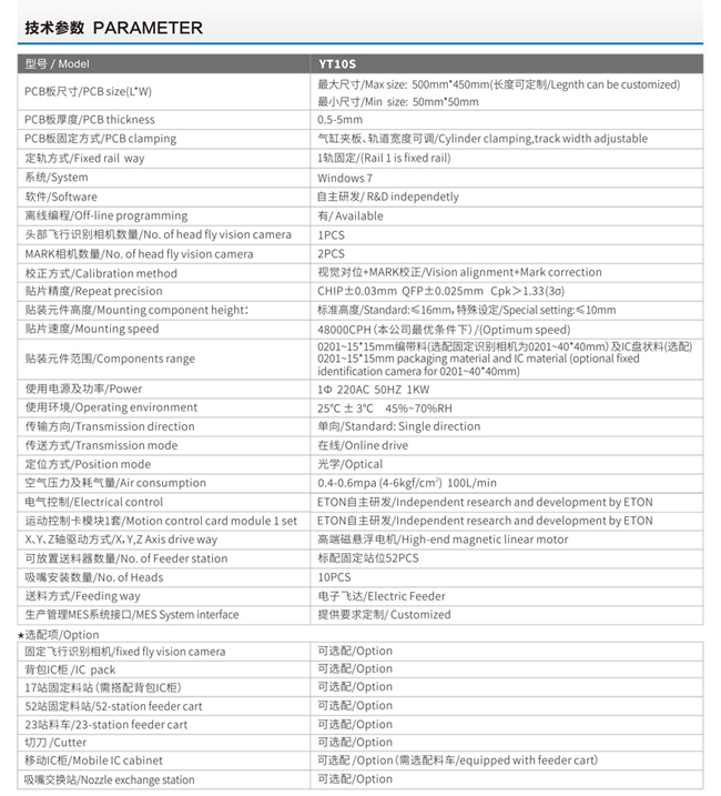 易通YT10S貼片機技術(shù)參數